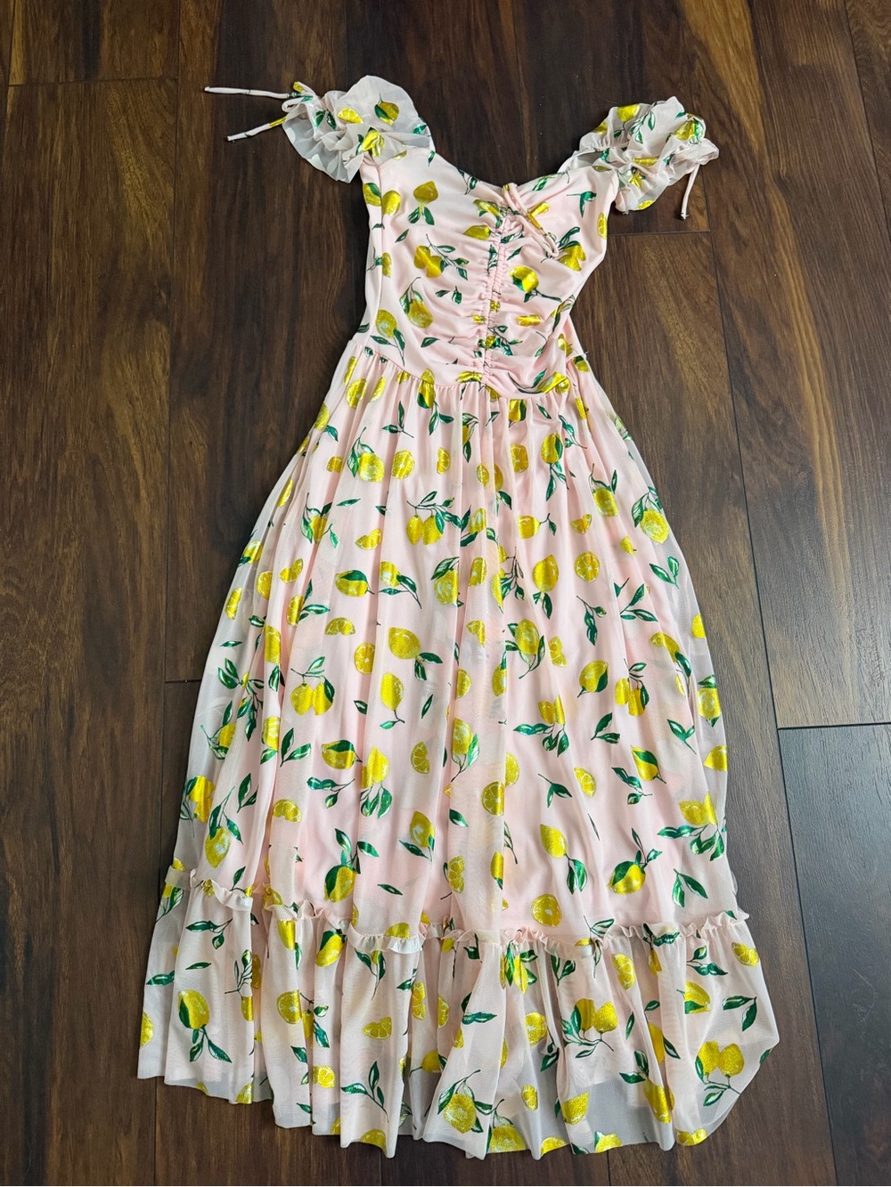 Black Milk Clothing Pink Lemon-Print Dress with Ruffle Hem